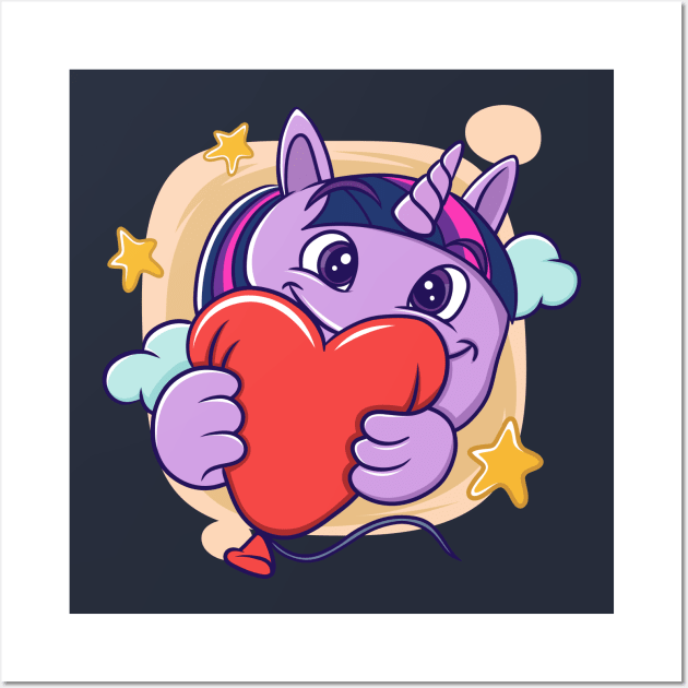 cute facial expression illustration of a little unicorn holding a red balloon Wall Art by ReasArt